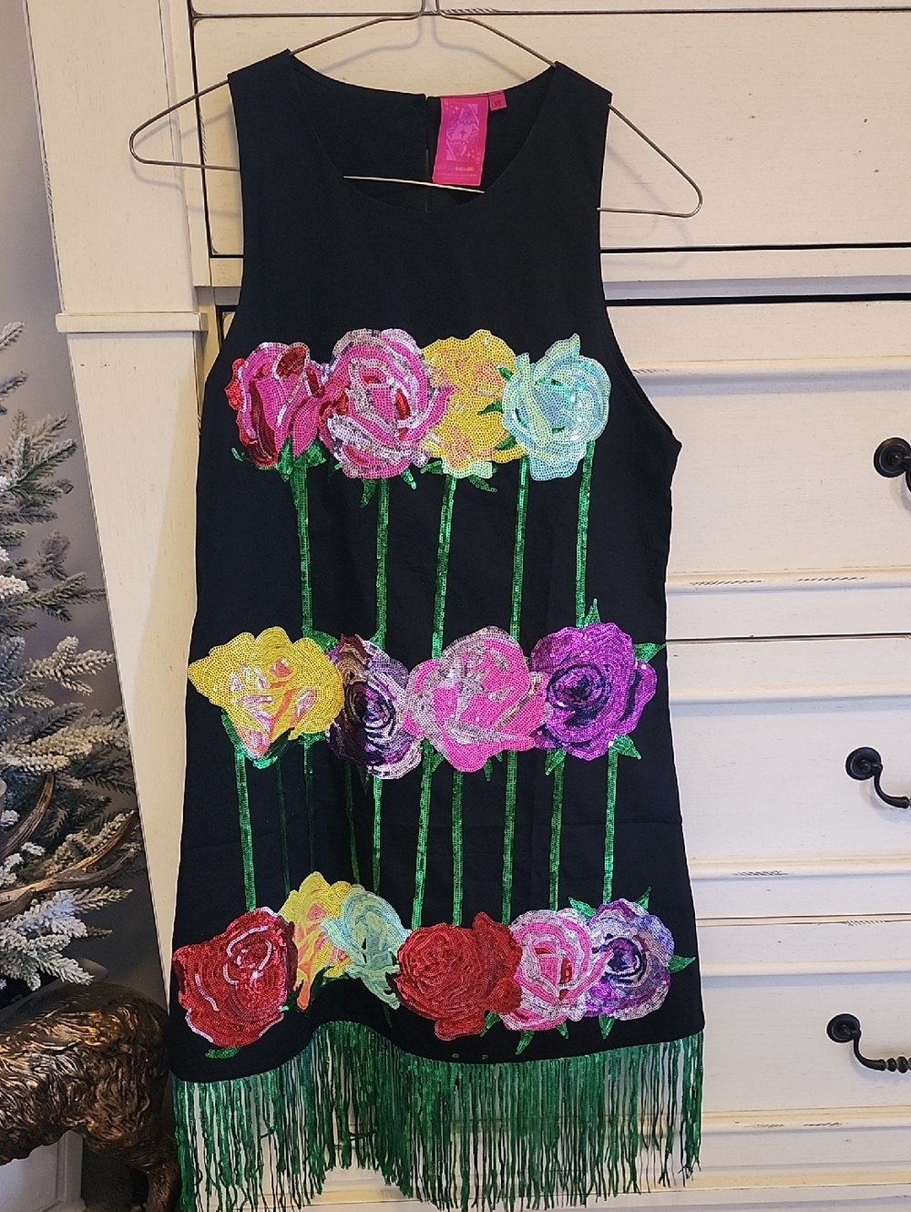 Queen Of Sparkles Black Sequin Floral Fringe Dress
